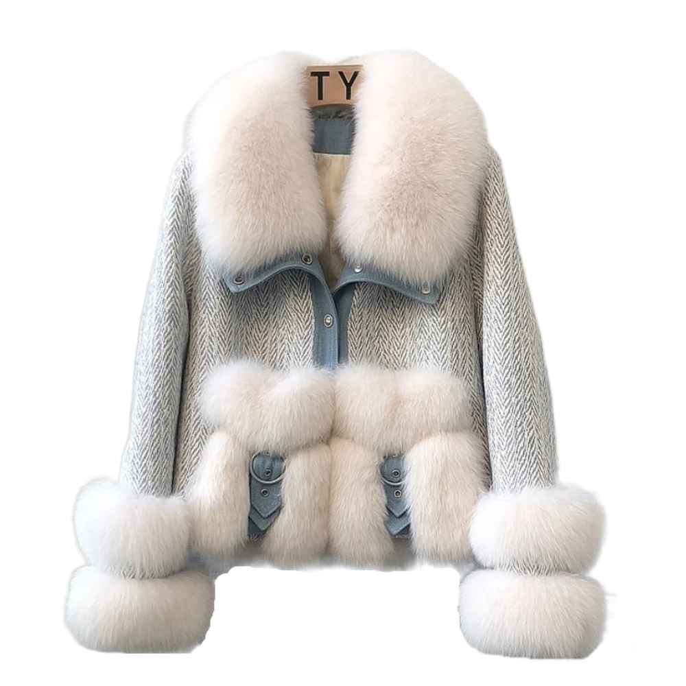 

ZDFURS* Imported Whole Leather Fox Fur Jacket Women's Short Haining Winter New Woolen down Jacket Coat Age-Reducing Fashion