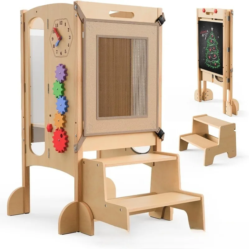 Wooden Children's Learning Tower Foldable Footstool with Blackboard Children's Stool Solid Wood Children's Washing Step Stool