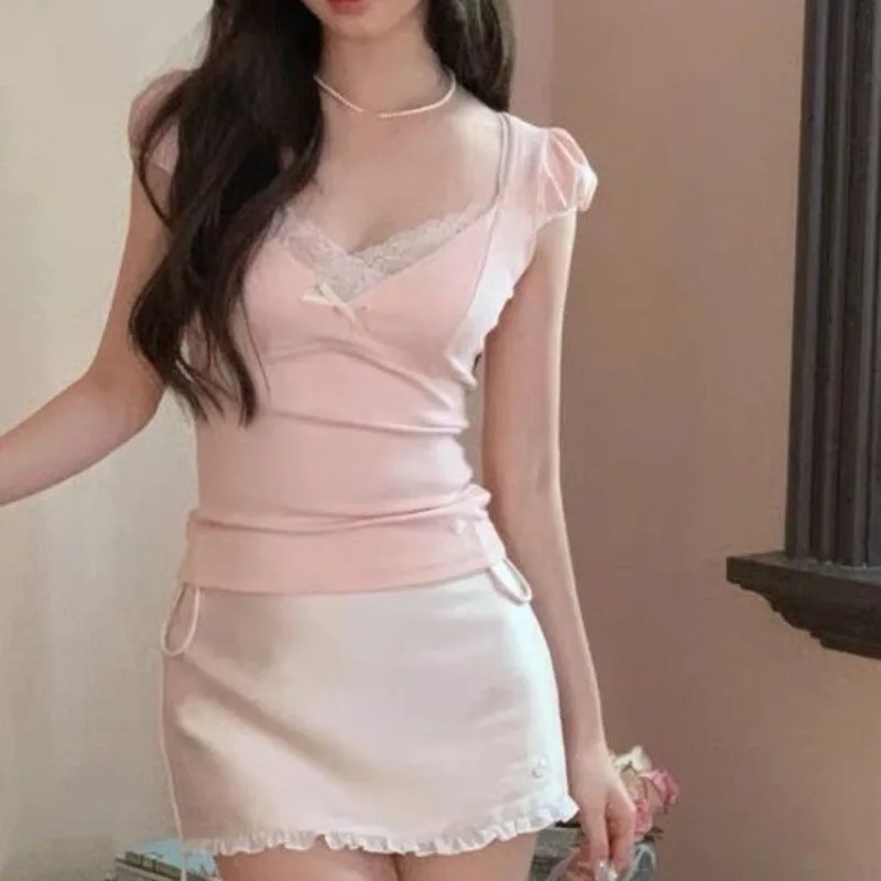 2025 Ropa Mujer اليابانية تي شيرت للنساء مثير الخامس الرقبة قصيرة الأكمام تيز المرقعة الدانتيل تونك التي شيرت المحاصيل القمم الصيف Camisetas