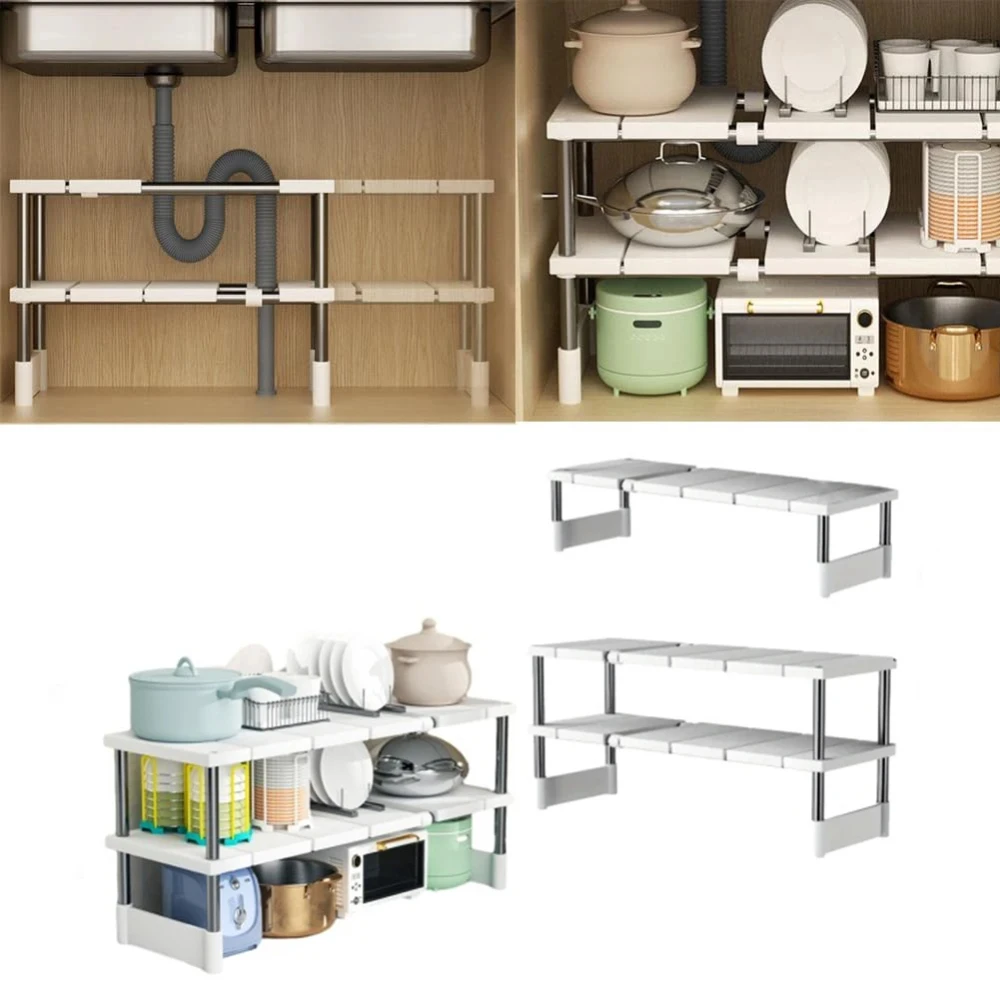 Retractable Under Sink Shelf Expandable Storage Heavy-Duty Plastic Cabinet Organizer for Pots & Detergents Maximizes Kitchen