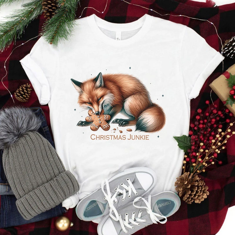 

New Christmas Junkie Fox Print T Shirt Women Men Summer Casual Short Sleeve Tee Cute Christmas Loose T Shirts