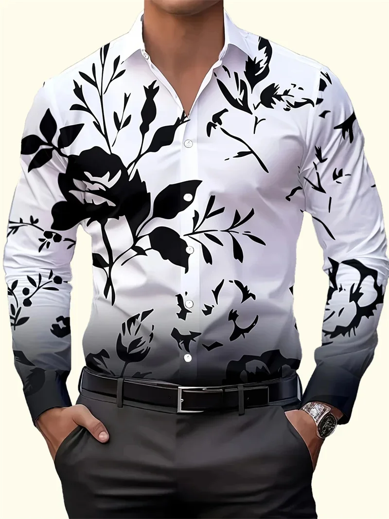 Men's New Color Block Design 3D Printed Shirt Retro Fashion Simple Business Casual Natural Long Sleeve Lapel Button Shirt