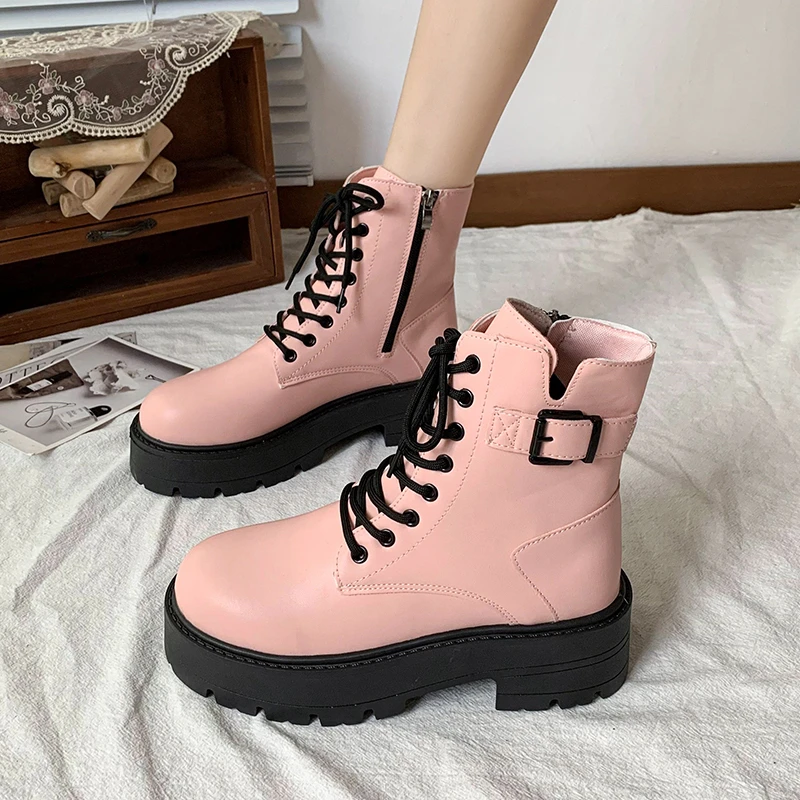 

Pink Boots Women 2023 High Quality Platform High Top Lace Up Women's Boots Fashion Punk Motorcycle Boots Winter Gothic Shoes