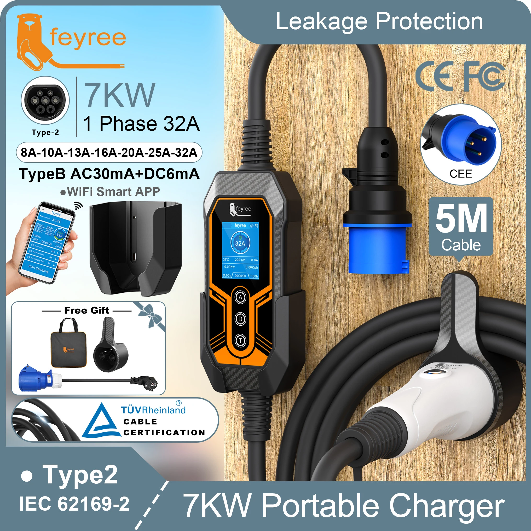 feyree Przenośna ładowarka EV Type2 z uchwytem ściennym 32A 7KW Sterowanie aplikacją Wi-Fi Inteligentne ładowanie czasowe EVSE Wallbox do domu i na zewnątrz