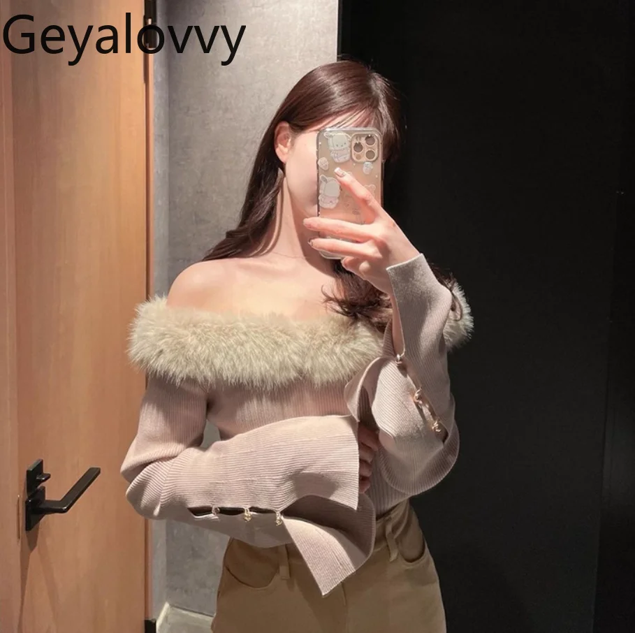 

Japanese Style Knitted Sweater for Women Two-Way Detachable Fur Patchwork Off-Shoulder Long Sleeve Short Sweet Women's Tops