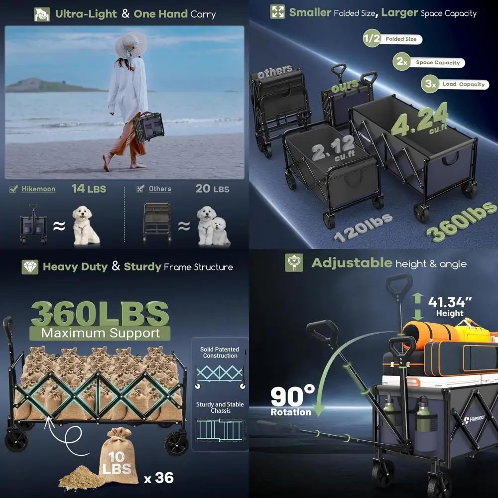 

Сверхмощная складная тележка с колесами, вместимость 360 фунтов, портативная уличная универсальная тележка для продуктов, покупок, сада, S