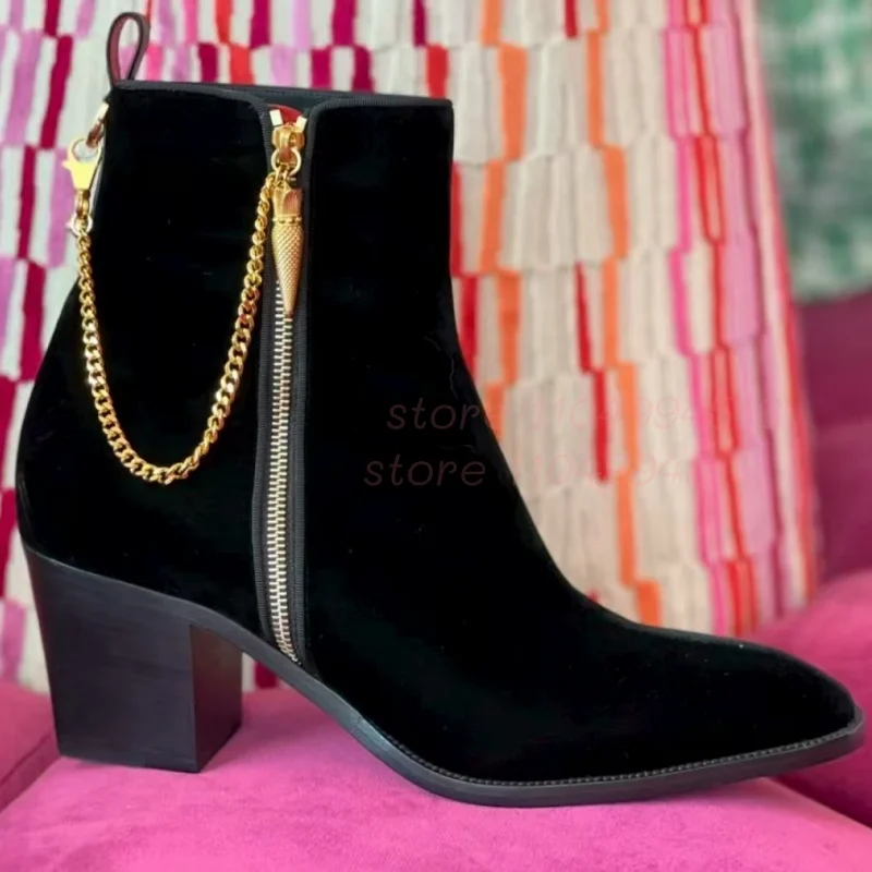 

Men Luxury Suede Wedges Ankle Boots Black Gold Chain Side Zipper High Heel Boots 2025 Male Street Style Luxury Fashion Booties