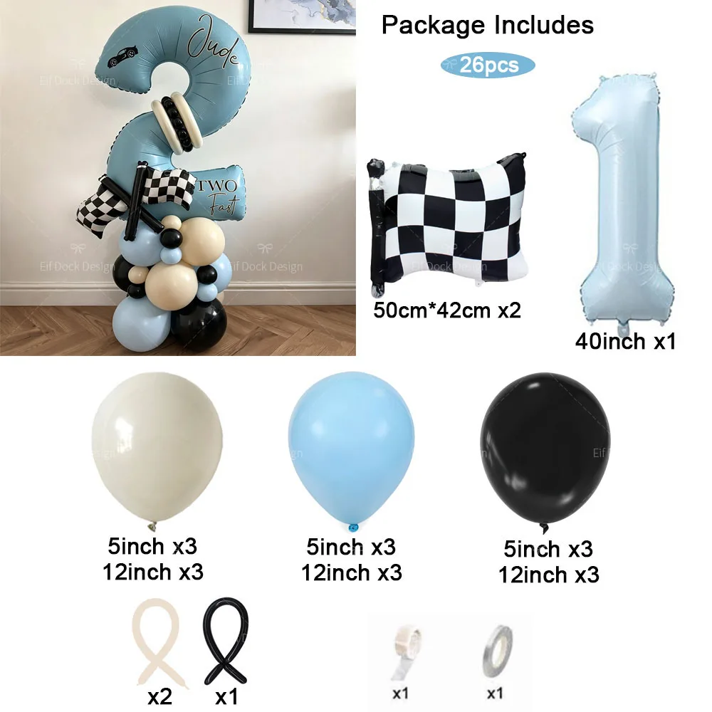 1 Set Rennflaggen-Ballon in Schwarz-Weiß-Kariert 40 Zoll Zahlenballons Two Fast Geburtstagsdekoration für Jungen Rennwagen-Party Geschenk – Detail 9