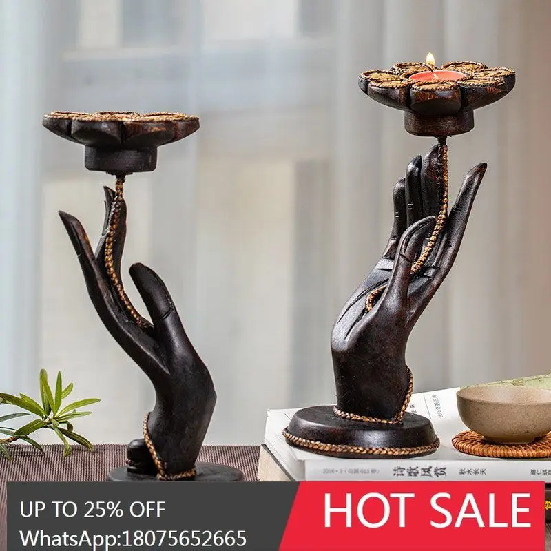 

SGF Creative Buddha Hand Lotus Vintage Solid Wood Wax Stand Ornament Dinner Supplies
