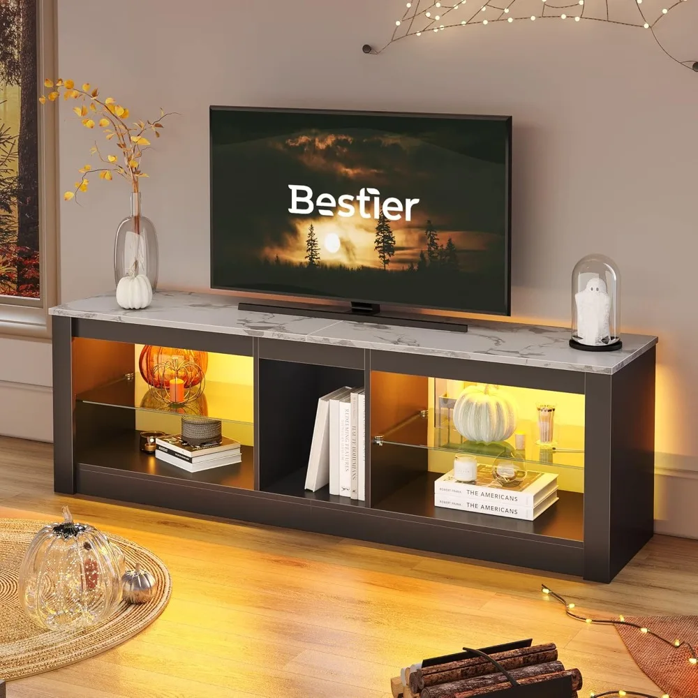 

White marble TV stand LED entertainment center game TV stand, suitable for 55 inch TV RGB =stand, with 2 adjustable