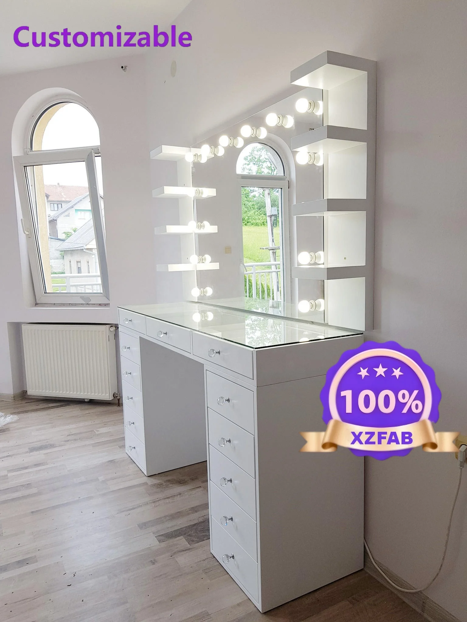 Factory Direct 2026 ⅹ−Ulink HOT Luxury Design Makeup Desktop Wood Dressing Table Mirror Makeup Vanity With Led Bulbs