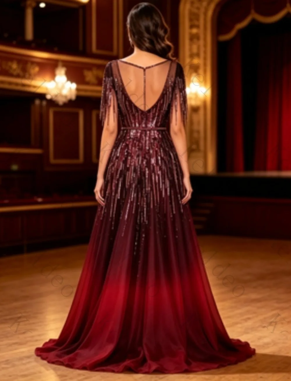 Customized Round Neck A-line Evening Dresses Fringe Sequin Bodice Gradient Chiffon Floor Length Formal Prom Gown Elegant Party