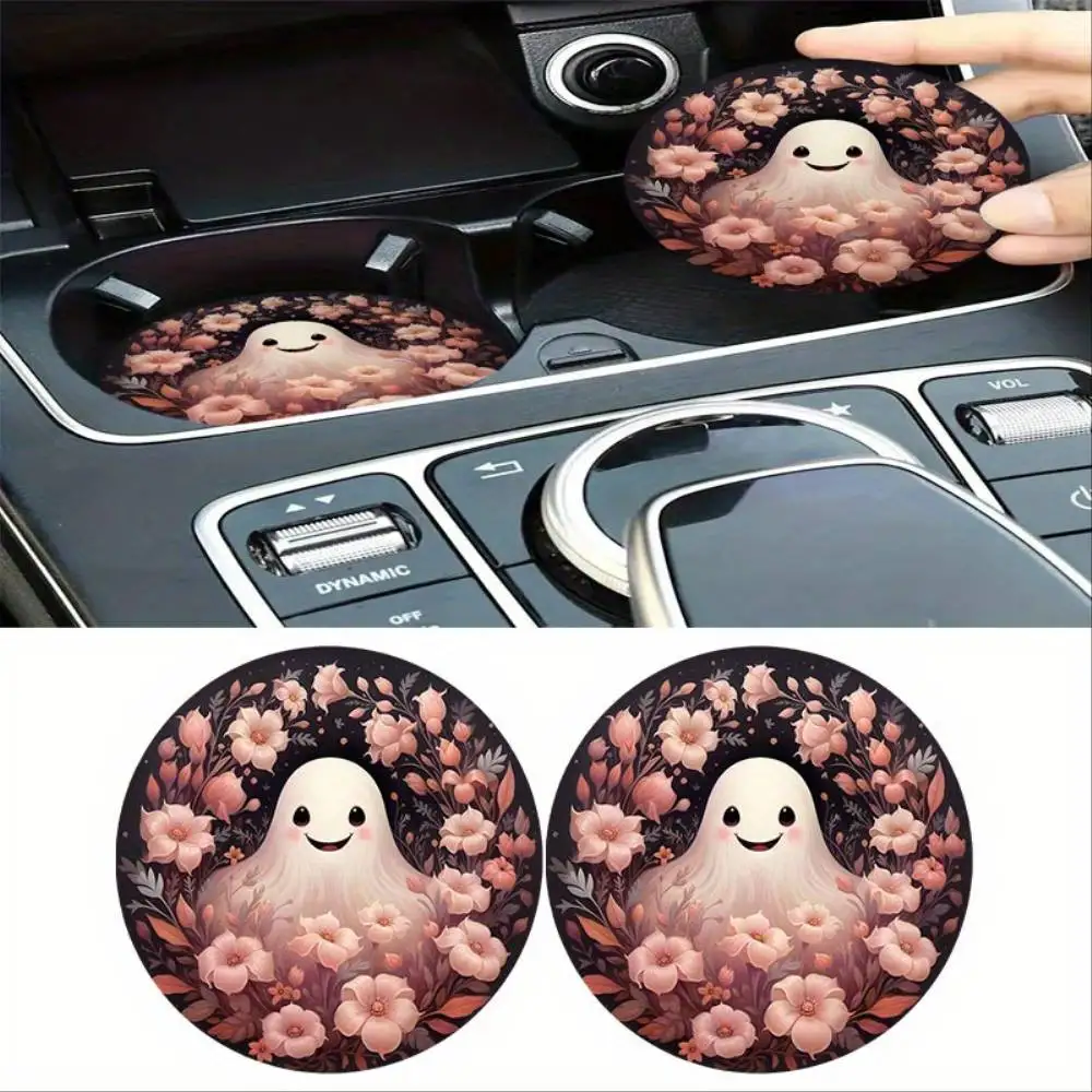 Halloween Ghost Pink Flower EVA Car Coasters 2pcs. Festive Cup Mats Car Interior Decor Halloween & Christmas Gift.