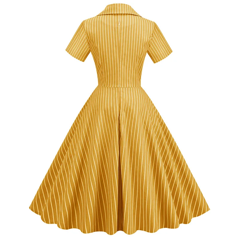 Elegant High Waist Striped Women Dress Short Sleeve Lapel Temperament Full Hemline Mid-length Vintage Dress Tide Holiday Summer