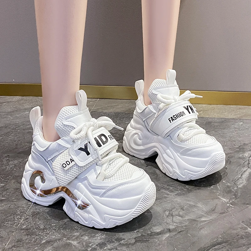 Summer Shiny Sequins Chunky Platform Sneakers Women Breathable Lace Up Height Increase Shoes Woman Fashion Cute Pink Sneakers
