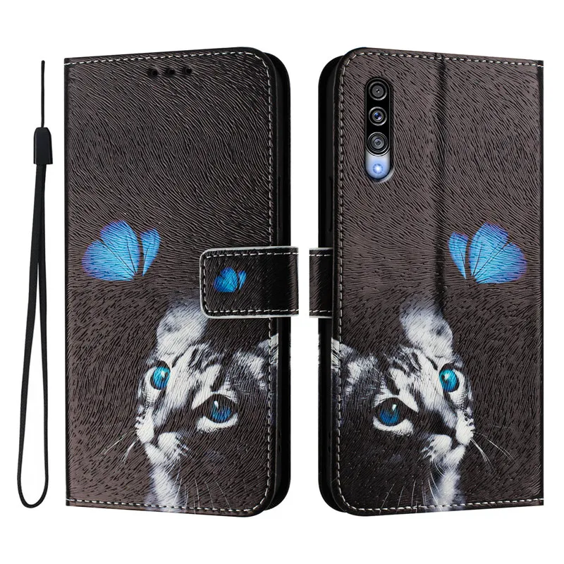 A50 Leather Phone Case For Samsung Galaxy A50 A20E A10E A20S A30 A40 A70 A10 Flip Cover Wallet Magnetic Painted Cases Cat Flower