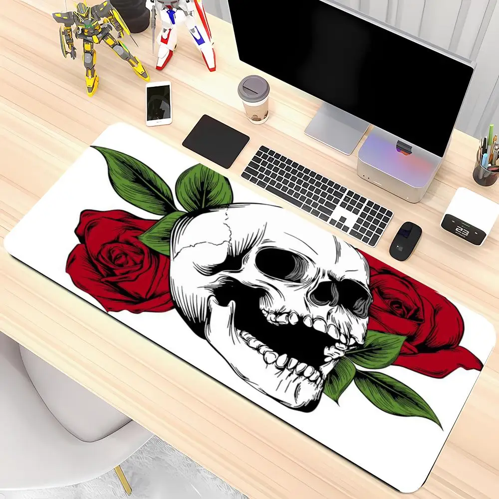Tattoo Skull and Red Rose Desk Mat Dark Tattoo Style Premium Bound Edge Large Size Anti-Slip Keyboard Pad for Laptop