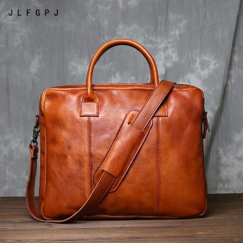 

Pure Hand Rubbed Color Vegetable Tanned Head Layer Cowhide Men's Double Handbag Horizontal Genuine Leather Crossbody Briefcase