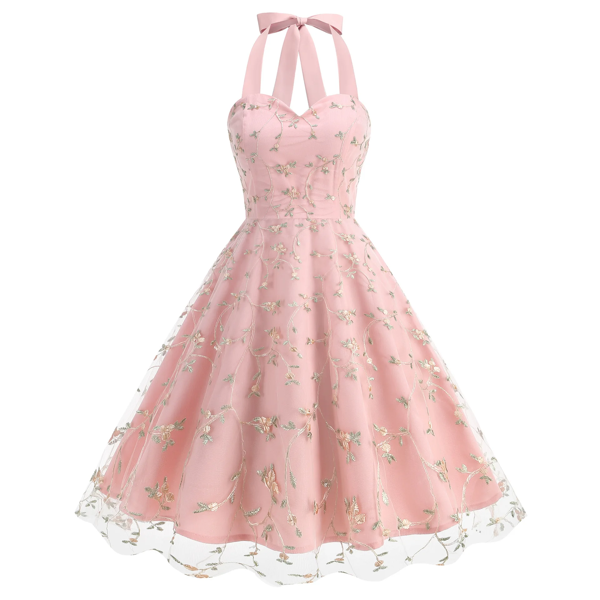 

Women's Sleeveless Embroidery Mesh Short Prom Halter Casual Dress Elegant Retro Vintage A Line Pinup Swing Evening Dress 50s New