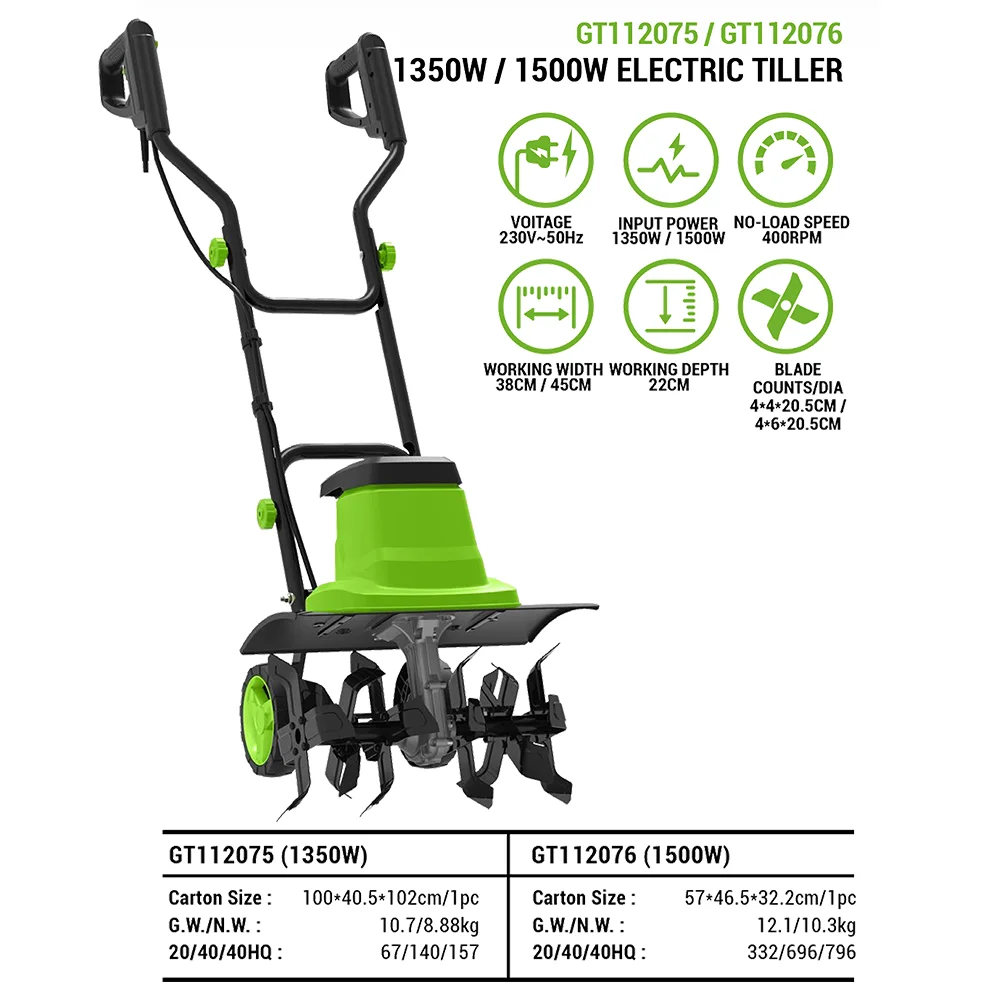 Vertak 1350W حفار كهربائي للحديقة، عرض محراث 380 مم مع 16 شفرات فولاذية محمولة لزراعة التربة لألواح الخضروات المنزلية