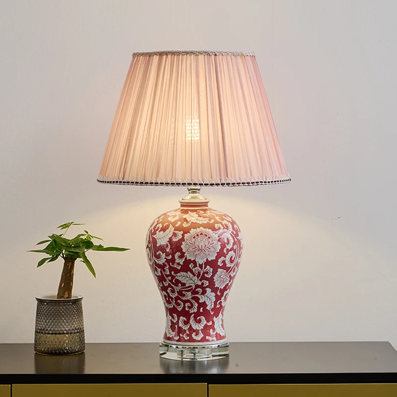 

Wedding dowry lamp Bedroom bedside French Chinese style living room study lamp European red light luxury ceramic desk lamp