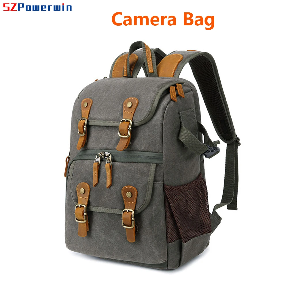 Powerwin New Waterproof Camera Backpack DSLR SLR Batik Canvas Horse Leather Outdoor Photographic Bag for Lens Tripod Charger