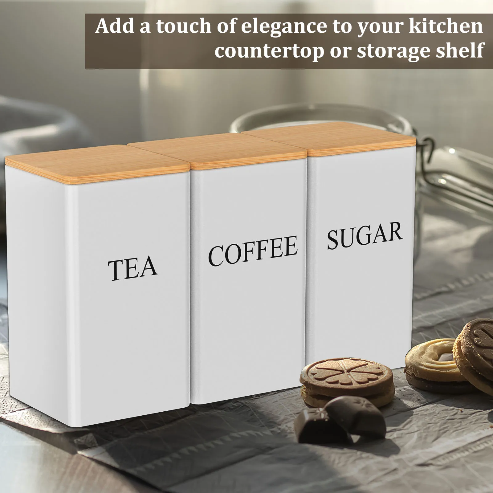 3Pc/Set Tea Coffee Sugar Canister 1000 ML Metal Coffee Bean Storage With Bamboo Lid Kitchen Storage Jar Tea Can Kitchen Supplies