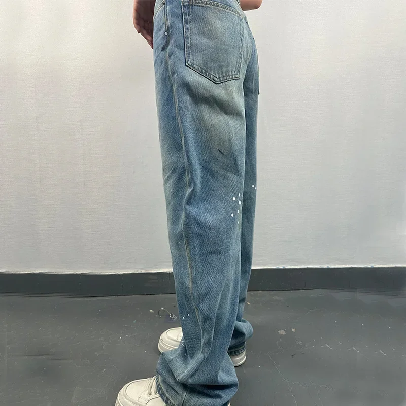 2024 new Women's denim pants old ink-splashed paint decoration purple jeans fashion wide pants