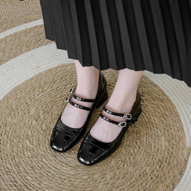 Women's Fashion Mary Janes Shoes Autumn Sliver Leather Buckle Mid-heels Dress Shoes Women Square Toe Shallow Chunky Heels Shoes image 4