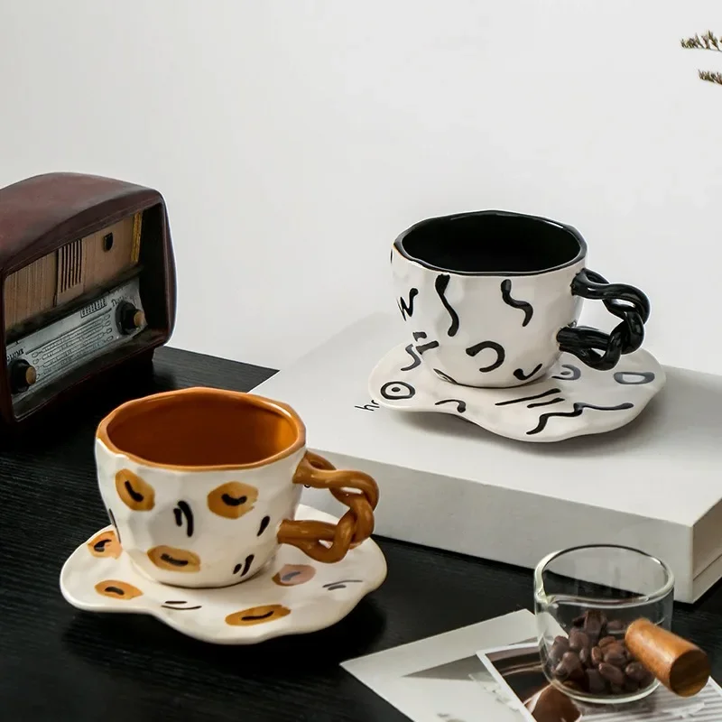 

Graffiti Twist mug Cute Art Cup Creative Ceramic Cup and Plate Set Hand-painted Vintage Afternoon Tea Latte Cup