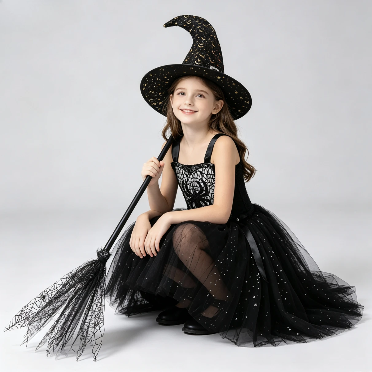 Children Halloween Party Dress Up Black Witch Spider Mesh Twinkle Sequins Tutu Dress With Magic Hat Broom Stage Performance Wear