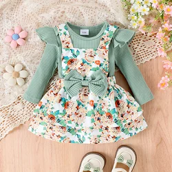 2PCS In Autumn, Girls Aged 0-1 Years Old Have Comfortable Sweet And Cute Letter-Printed Long-Sleeved Kitted Suit + Strap Skirt