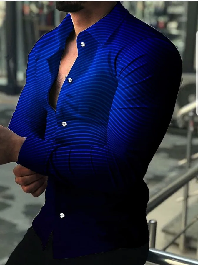 

Long Sve Striped Digital Printed irt Slim Fit Молодежный модный принт с принтом Европейский простой воротник с воротником-стойкой для мужчин irt