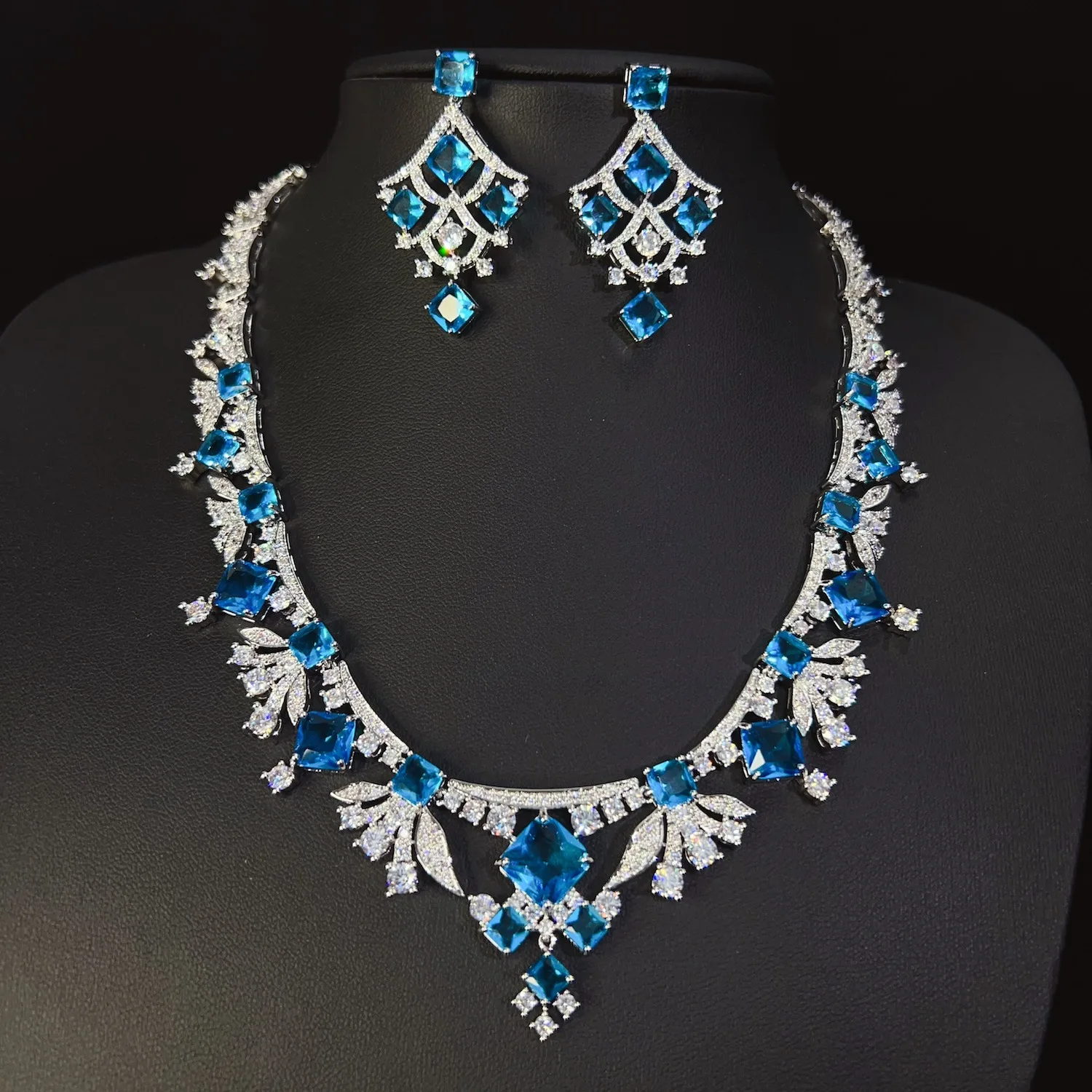 ByI New Elegant Blue Necklace and Earrings Luxury Set Women's Jewelry Dress Accessories Women's Wedding Ball Birthday Gift M1123