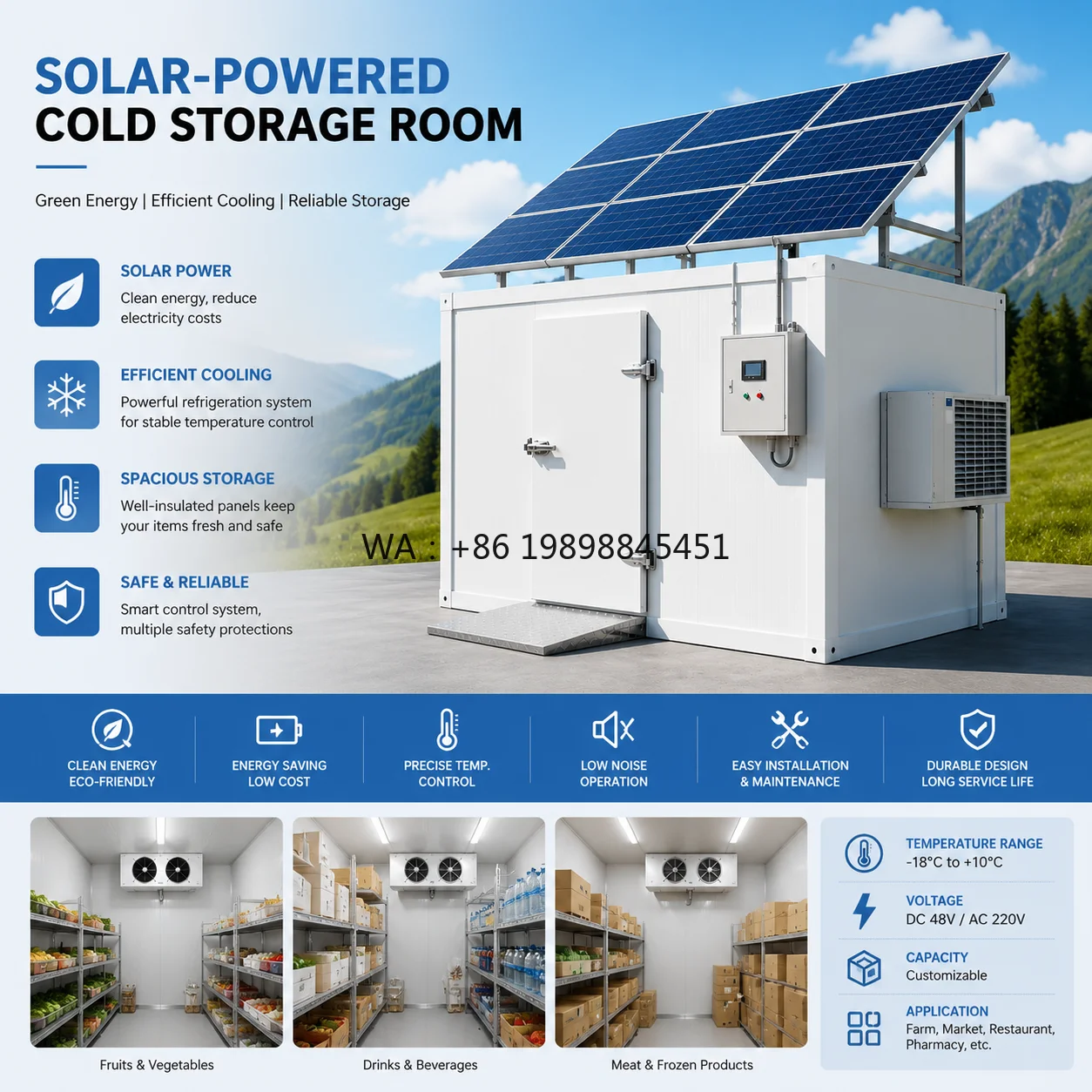 Walk-in Chiller Freezer Container Soundproof Panel Easy Operate Farm Custom Solar Panel Powered Cold Storage Room