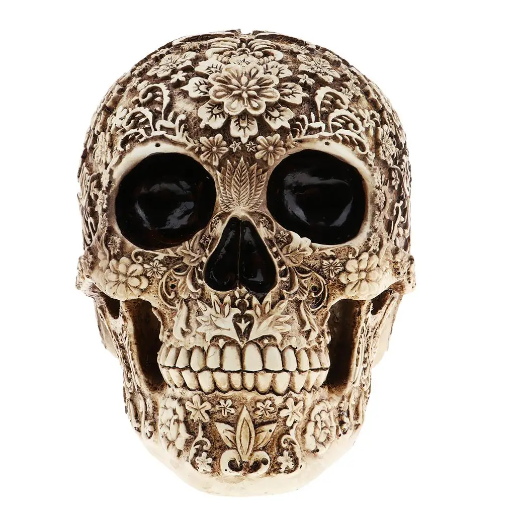 Halloween Skull Decor Resin Human Skull Head Sculpture Handmade Sepia Effect Carving Statue Crafts for Party