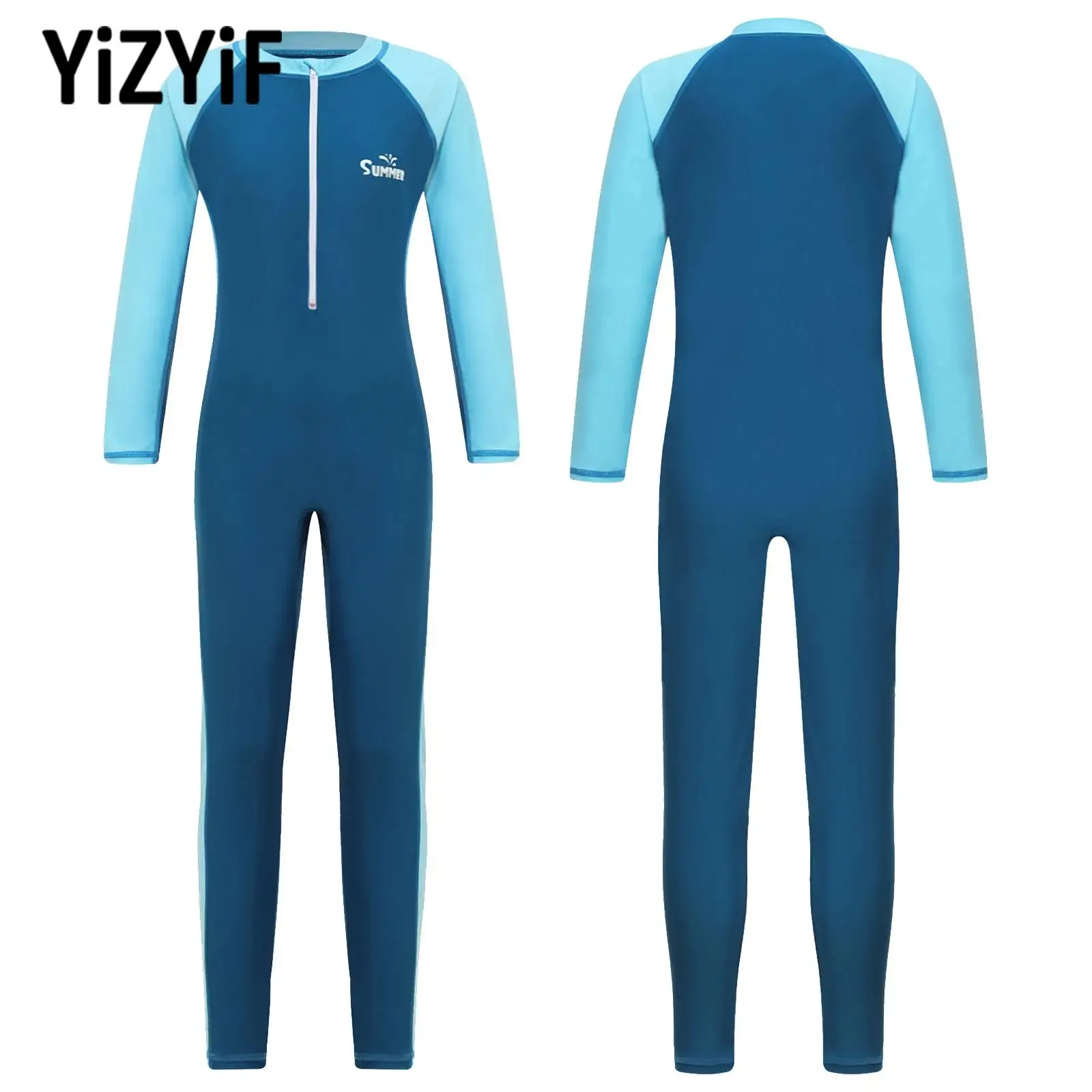 Kids Boy One-piece Swimsuit Full Body Swimwear Suits Long Sleeve Color Contrast Front Sport Swimsuit for Training Surfing Beach