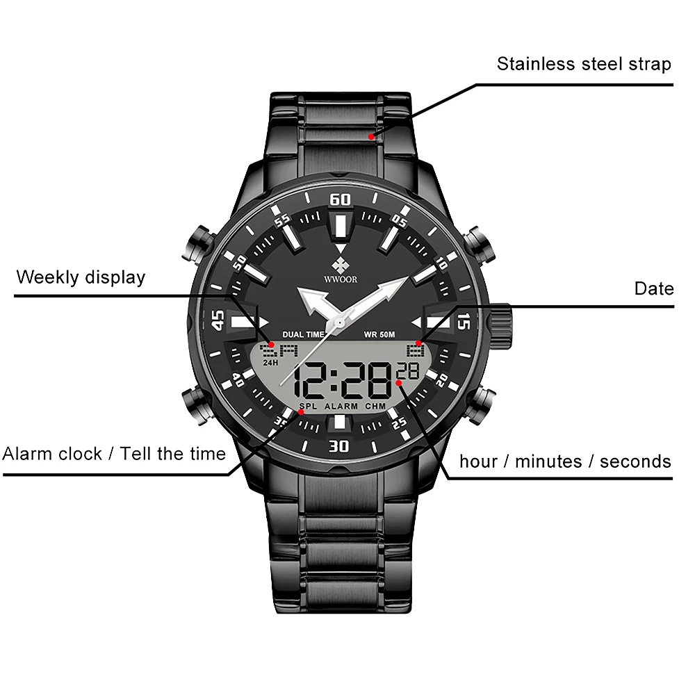 WWOOR New Sport Watch For Men Dual Display LED Quartz Wristwatch Full Steel Luxury Watch Men Clock Chronograph Relogio Masculino