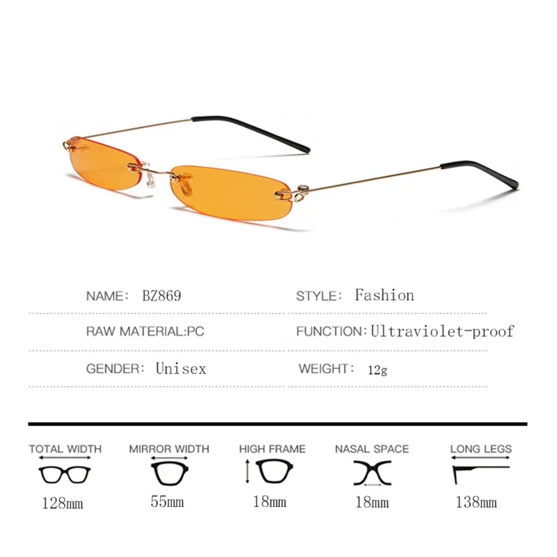 Narrow Sunglasses Men Rimless Summer  Red Blue Black Rectangular Sun Glasses For Women Small Face Hot Selling