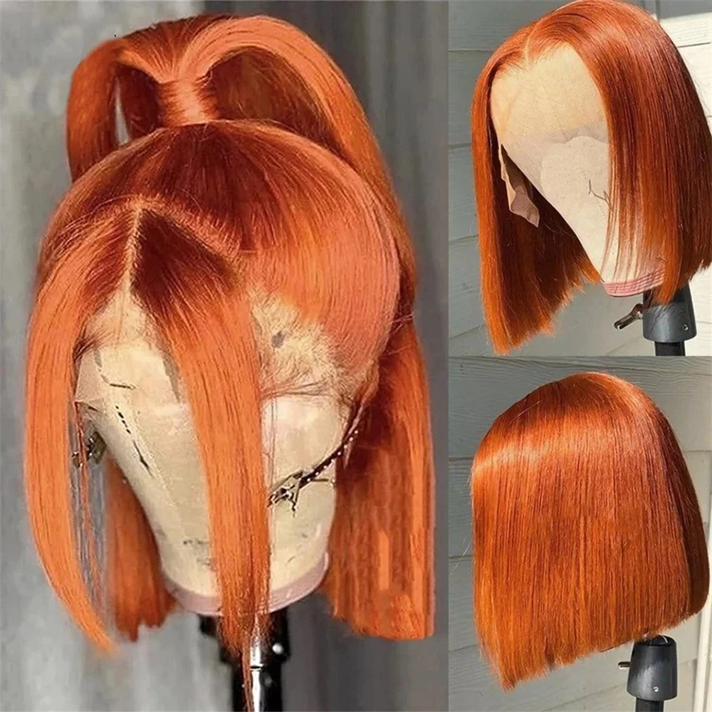 

Короткие прямые парики-боб с имитацией натуральных волос Ginger Orange, 13X4 HD, с предварительно выщипанной линией роста волос, синтетические и комбинированные парики с кружевной основой для женщин