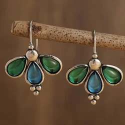 Vinatge Exquisite Inlaid Green Blue Stone Waterdrop Hook Earrings for Women's Fashion Elegant Banquet Jewelry Accessories Crafts