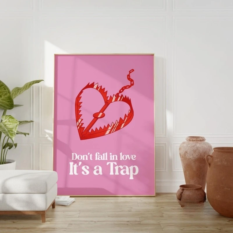 

2D/Flat Frameless Funny Love Trap Canvas Painting, Modern Trendy Lovecore Wall Art Poster for Living Room and Bedroom Decortive