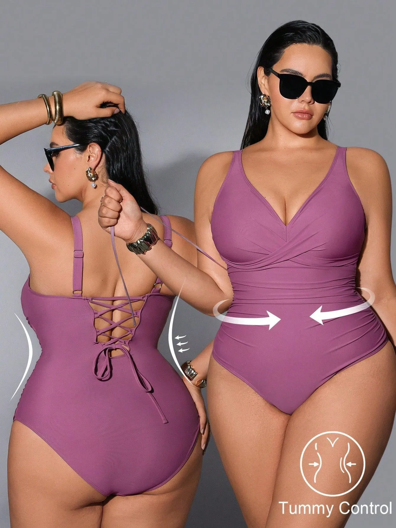 Swimwear 2026 Swimsuit Woman Plus Size V Neck Ruched Waist Mauve Purple High Cut Leg Sleeveless Bathing Suit with