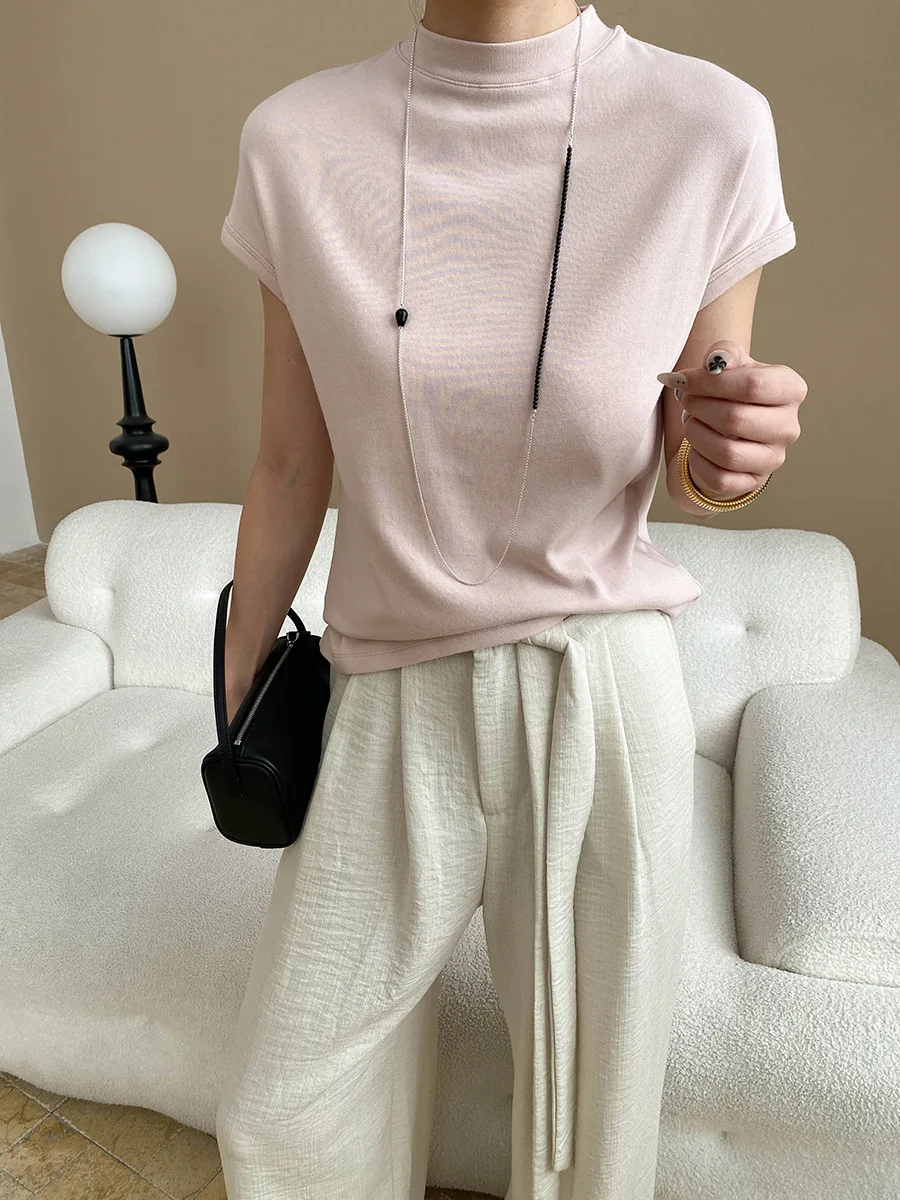 

Весенне-летняя женская повседневная однотонная футболка с высоким воротником и короткими рукавами