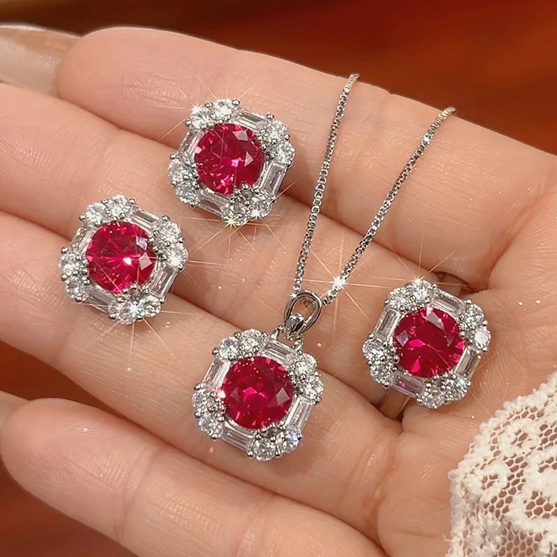

Gold-Plated Copper Jewelry Set Earrings Necklace Ring Ruby Niche Simple Fashion Women's Hair Accessories