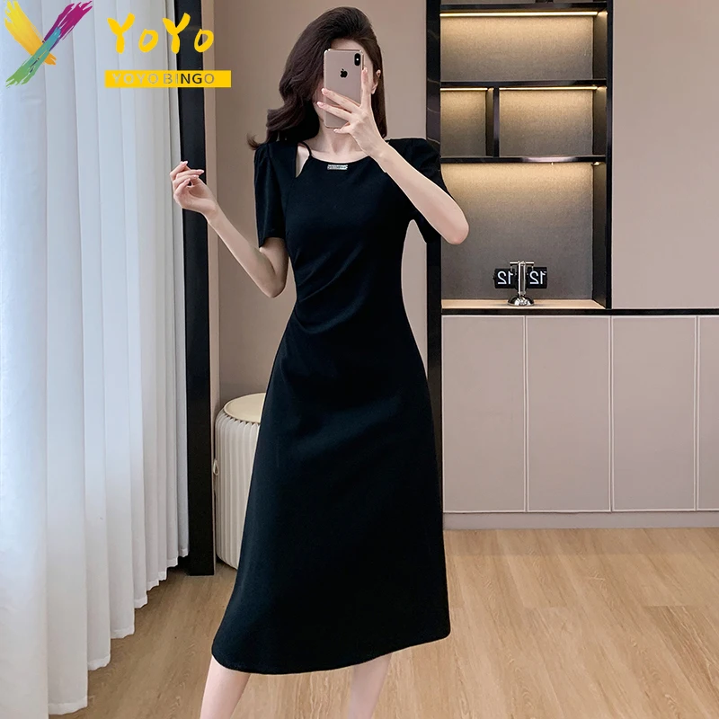 

2024 Fashion Formal Black Hollow Short Sleeve Elastic A-line Dress Summer Elegant Slim Bodycon Temperament Party Club Dress