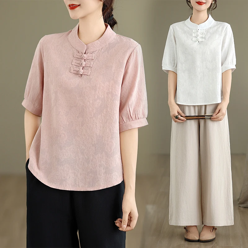 

Summer New Chinese Sle Women's Artistic Retro Cotton Linen ort Sve Casual Zen Tea Costume Set Ethnic Sle Top Bot