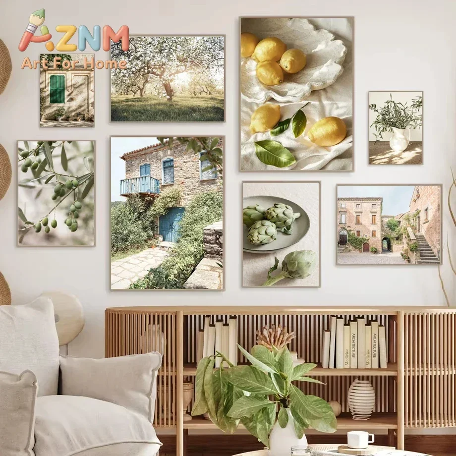 AZNM Mediterranean Rural Scenery Canvas Painting, Lemon Olive Artichoke Fruit Botanical Vintage Village Photograph Print, Neutra