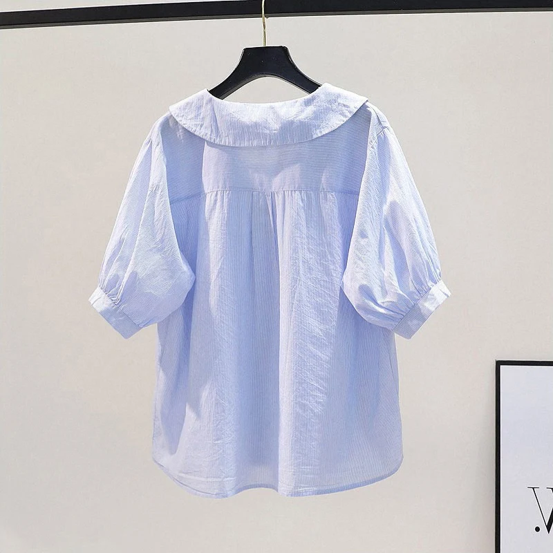 Design Sense Doll Collar Stripe Cotton Shirts Women Summer New Korean Sle Loose Casual Short sleeve Shirt Top