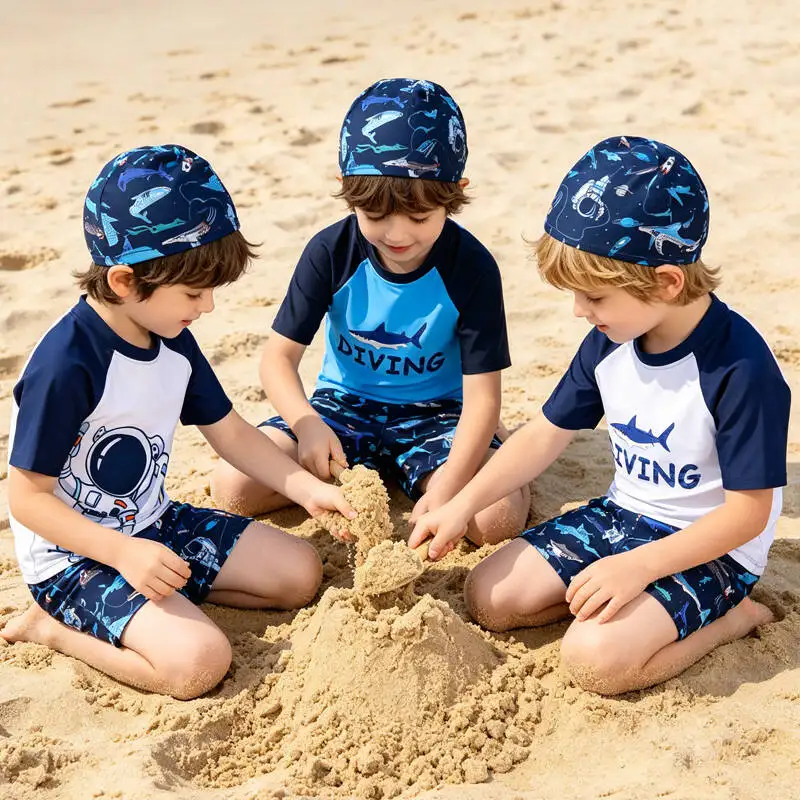 Kids Split Swimsuit Set Cartoon Spaceman Print Boys Bathing Suit Short Sleeve Swimwear With Swim Cap For Toddlers Surfing Wears